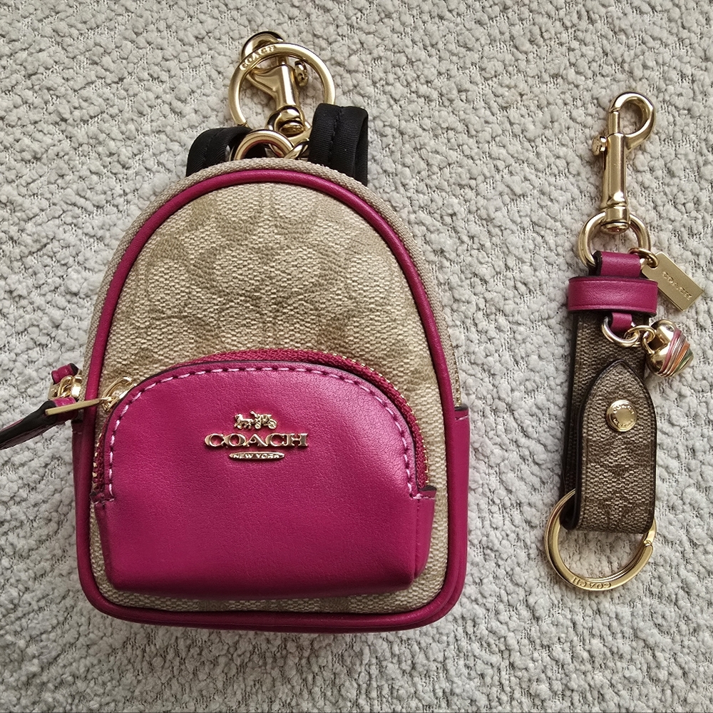 Coach Mini Pink And Tan Backpack Bag Charm Set